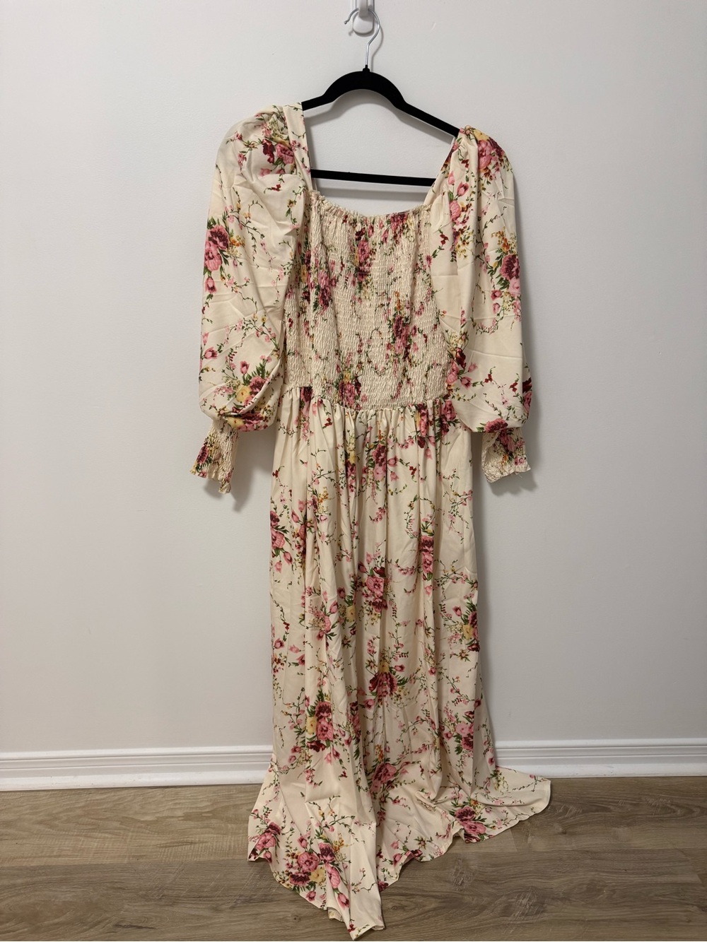 Cream Floral Smocked Maxi Dress with Puff Sleeves